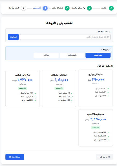 صفحه انتخاب پلن سازمانی